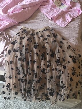 Chicwish Nude Tulle Skirt with Black Floral Applique